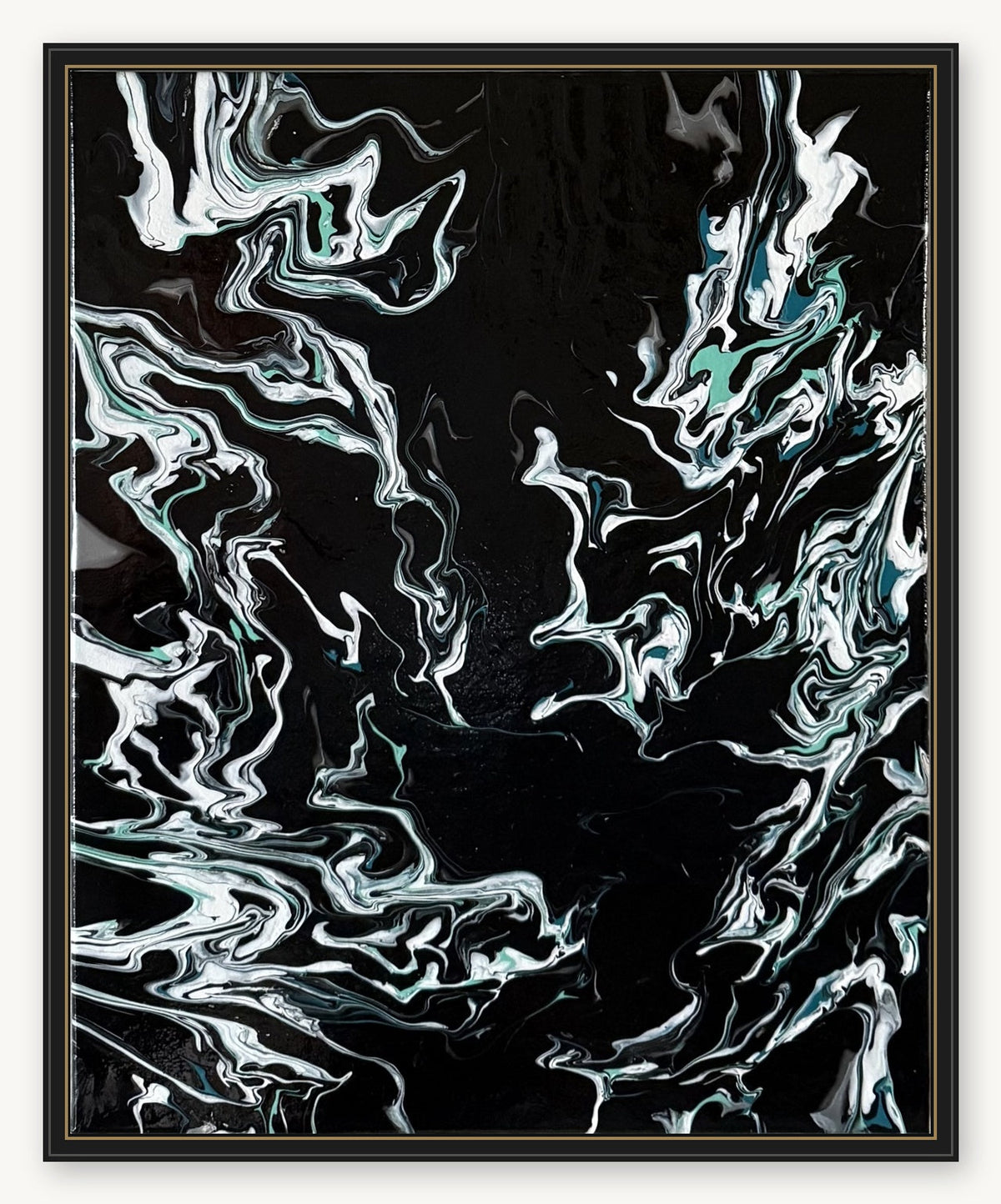 Black, White & Teal Pour — approved framed mockup (frame not included)
