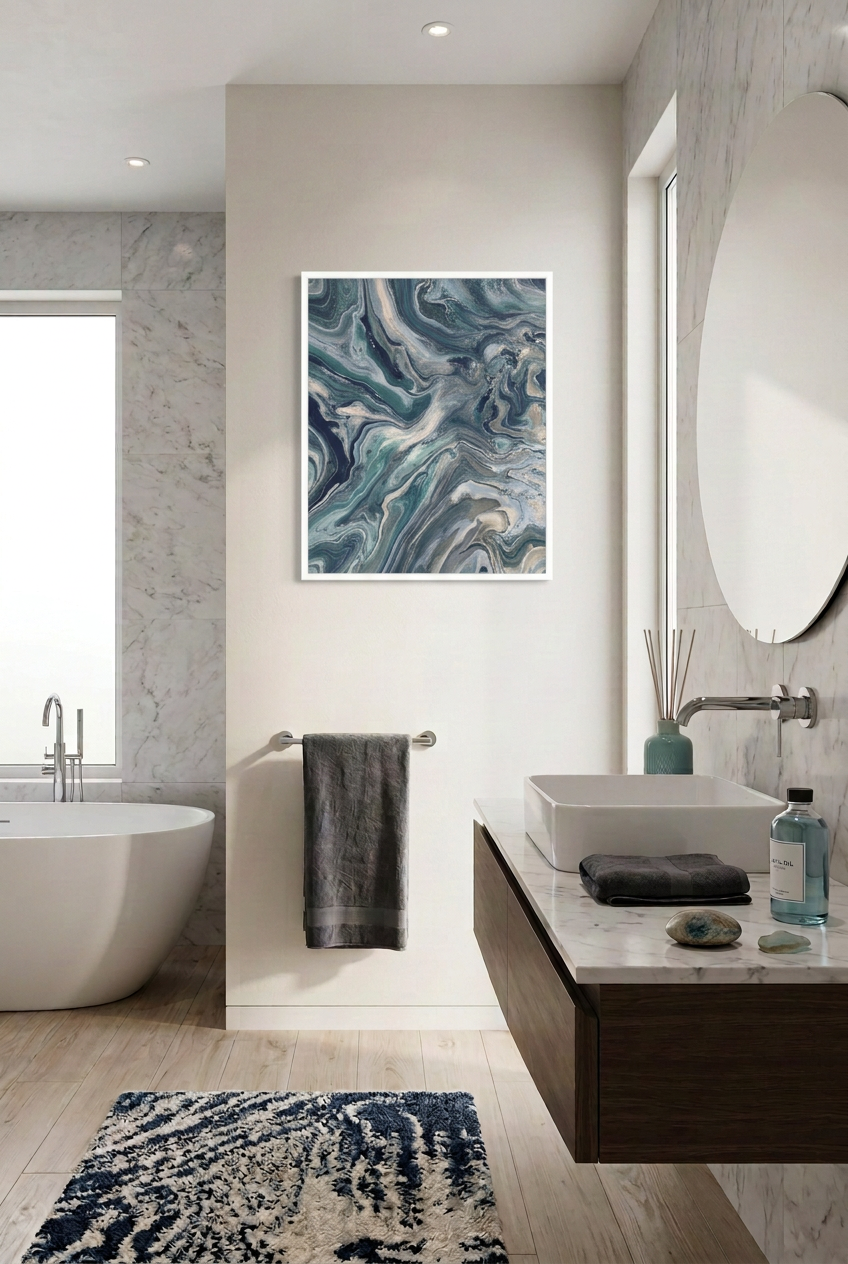 Blue Ocean Pour — approved white-frame display mockup (frame not included)