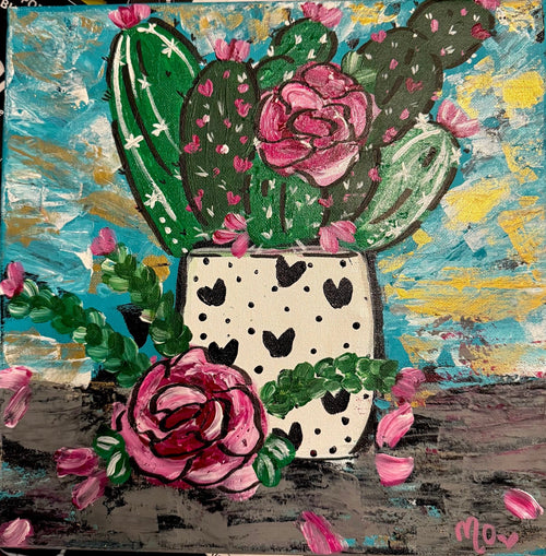 Cactus & Roses, original acrylic painting by Maggie Oates