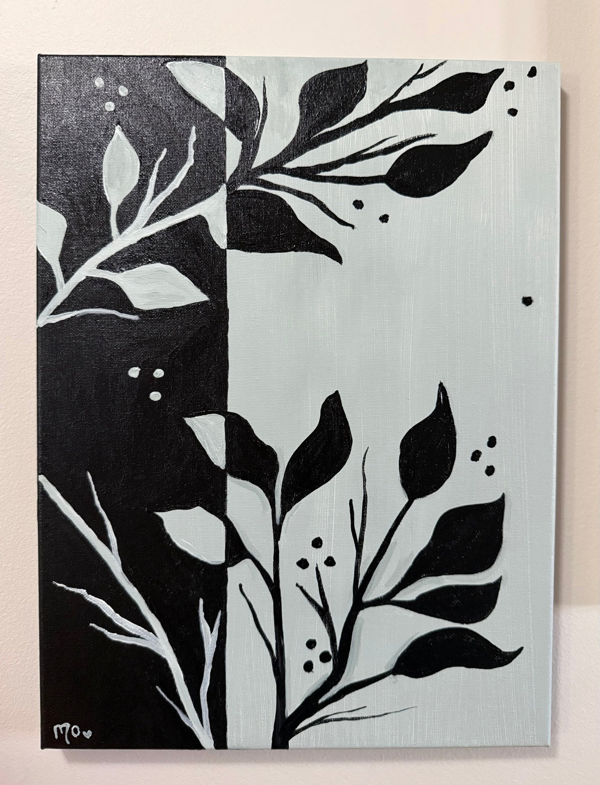 Black and white botanical leaf silhouette painting