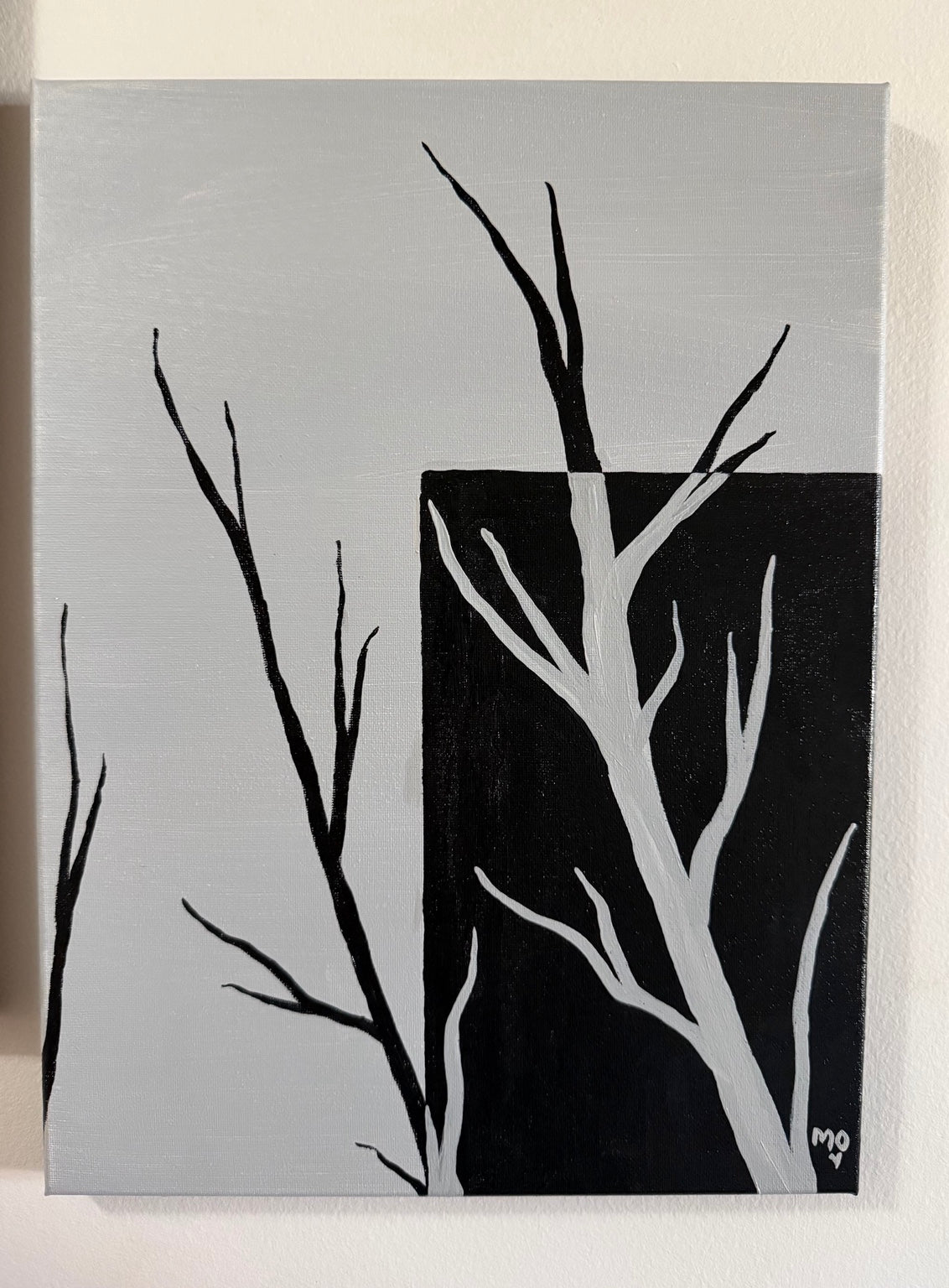 Minimalist black and white bare tree painting
