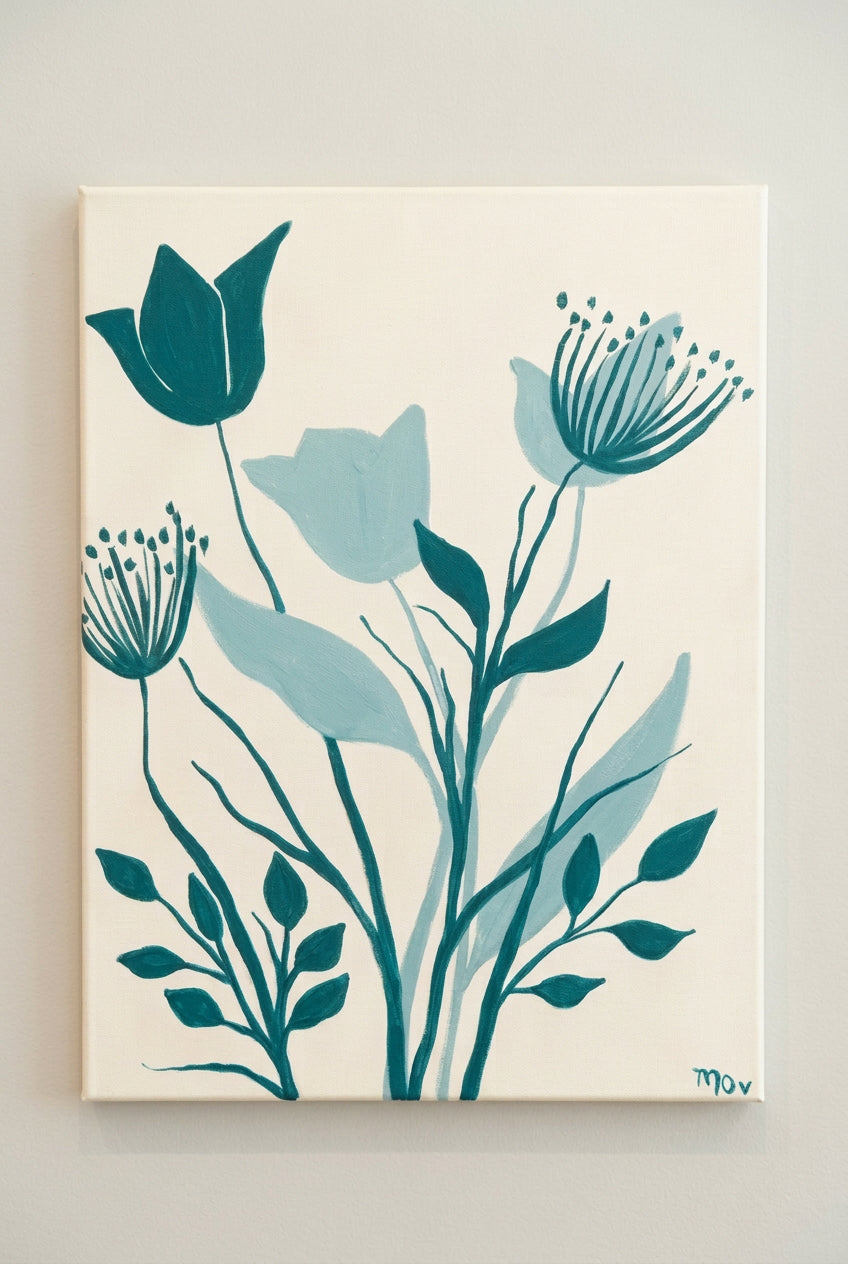 Teal and neutral botanical flower painting