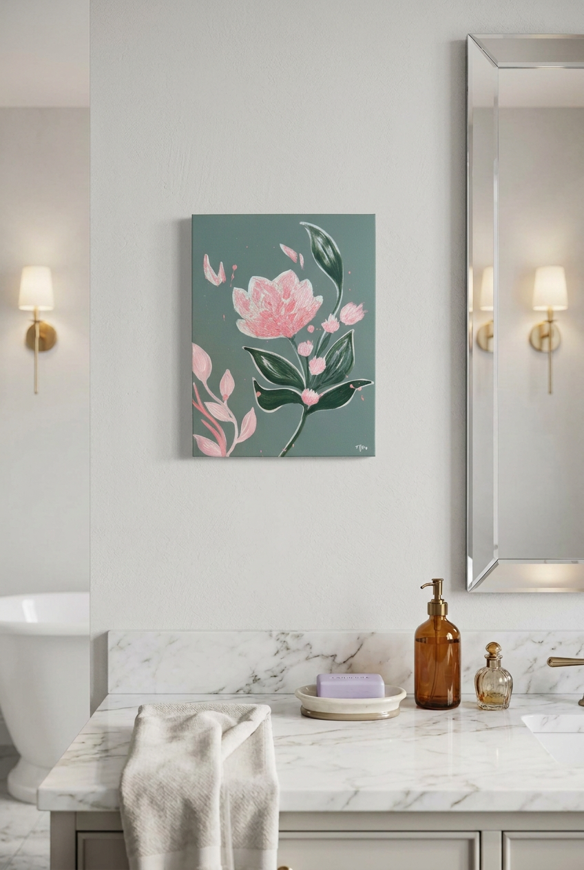 Pink Flower on Sage Green by Maggie Oates