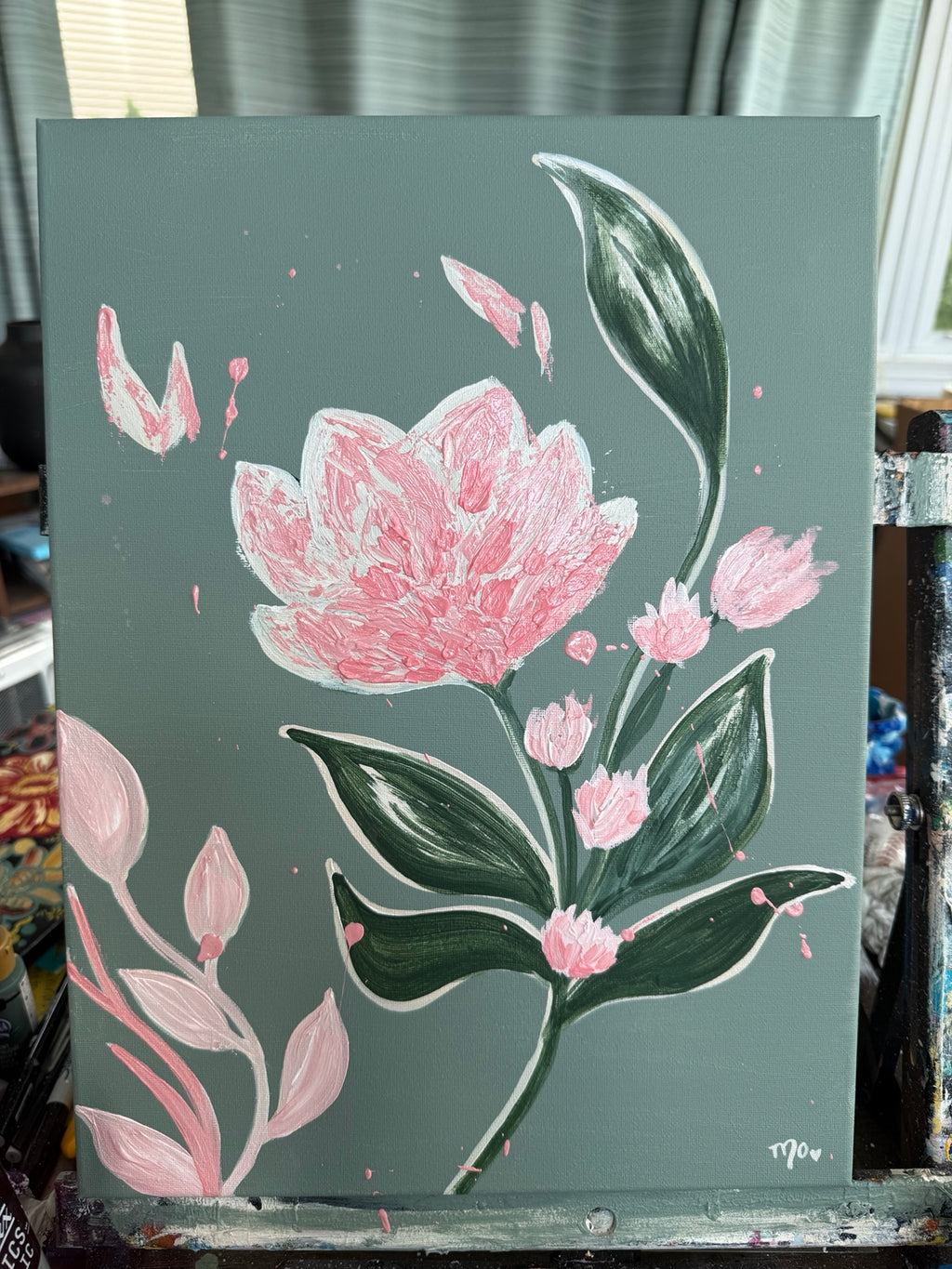 Pink Flower on Sage Green by Maggie Oates