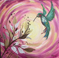 Colorful hummingbird in a swirling pink and lavender scene