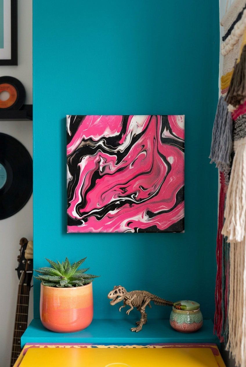 Pink black and white marbled abstract painting
