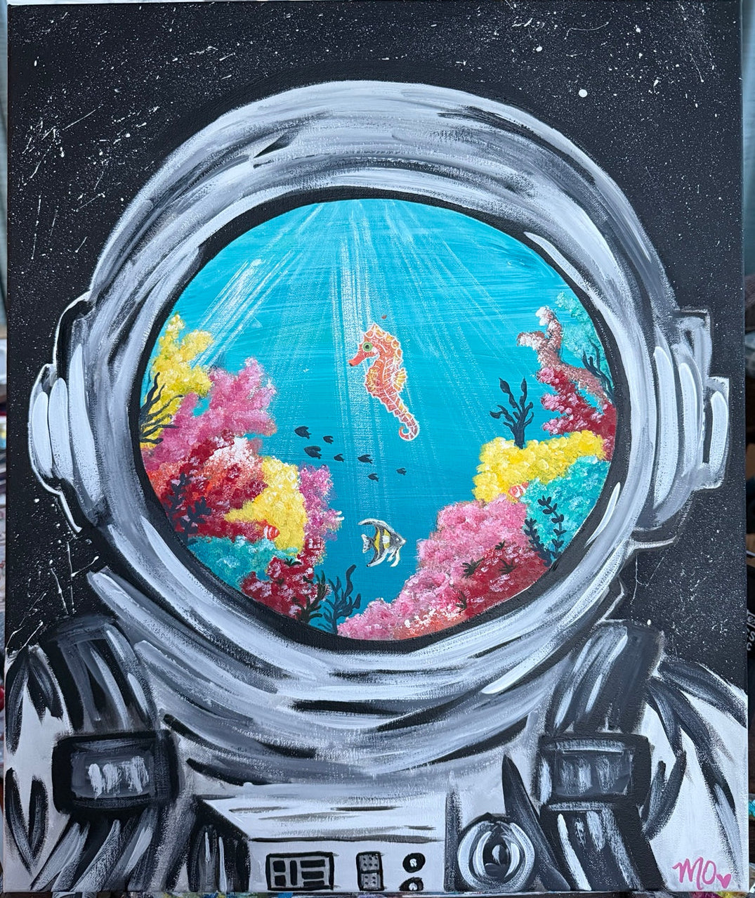 Beneath the Surface original acrylic painting, astronaut helmet with colorful underwater scene