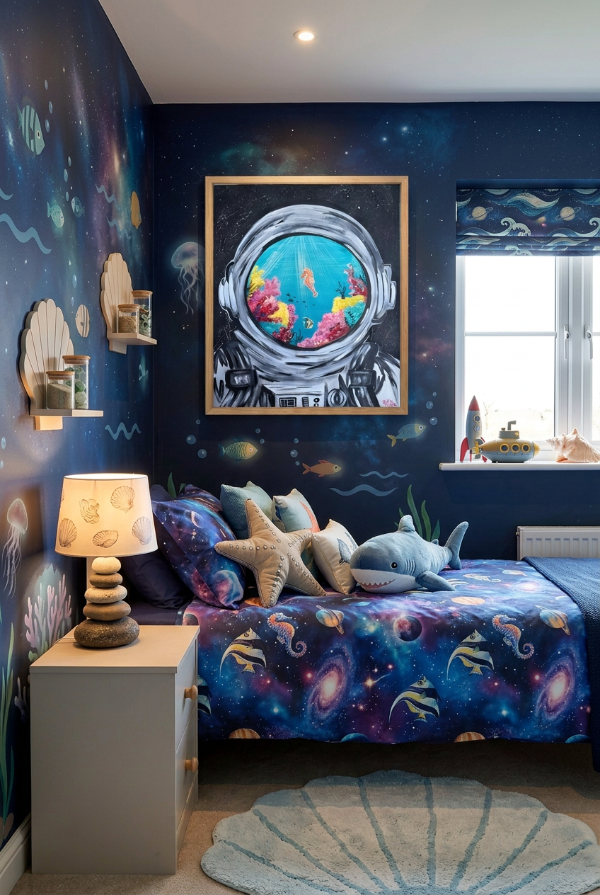 Beneath the Surface original acrylic painting, astronaut helmet with colorful underwater scene