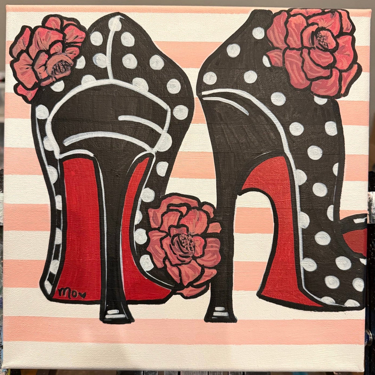 Polka Dot Heels, original acrylic painting 12 × 12 inches by Maggie Oates